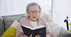 Home, reading book or senior woman with bible, hope or support in Christianity religion with faith or peace. Retirement, holy prayer or elderly person learning or studying God in spiritual literature