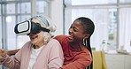 Senior woman, virtual reality glasses and caregiver with comic laugh, gaming and 3D user experience in metaverse. Elderly person, carer and ar vision for games, walking or funny joke in nursing home