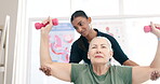 Women, physiotherapist and support patient with dumbbells for stretching exercise, consulting or helping rehabilitation. Physiotherapy, senior assessment and breathing with weights for healing muscle