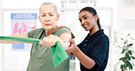 Band, elderly woman and physiotherapy exercise for healing muscle, healthcare or medical rehabilitation. Physical therapy, mobility and stretching for chiropractic support, assessment or help patient