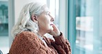 Senior woman, window or thinking with empathy, sad or memory with depression, retirement or remember. Elderly person, pensioner or old lady with mental health, lonely feeling or wellness with anxiety