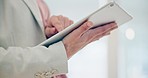 Tablet, hands and closeup of businesswoman scroll on social media, mobile app or internet. Digital technology, research and female lawyer browsing for information on an online website in the office.