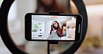 Woman, portrait and phone screen for live streaming subscribe, thumbs up and promotion in house kitchen. Talking, influencer or mobile technology for cooking, food and breakfast meal blogging in home