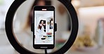 Influencer dance, phone screen and woman cooking, streaming and broadcast nutrition food, home recipe or clean eating. Kitchen ring light, dancer or chef record fun content creation vlog on cellphone