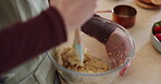 Cooking, mixing or hands in kitchen for cake recipe, dessert or baking flour pastry in food bowl. Home, closeup or person with dough or wheat to prepare a meal for breakfast, lunch snack or dinner