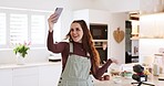 Phone selfie, talking influencer and woman cooking, live streaming and presentation of home food, recipe or baking. Kitchen video call, cellphone communication and chef filming social media broadcast