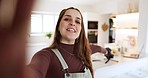 Kitchen selfie, woman face and influencer talking, live streaming cooking and presentation of home baking. Video call communication, content creation portrait and chef filming social media broadcast