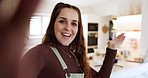 Influencer woman, live stream and wave with talking, communication and post on web blog in kitchen. Young vlogger girl, hello and excited face in home, smile and video call with social network
