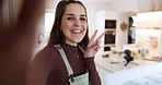 Influencer woman, live stream and peace sign for communication, kiss and web blog in kitchen. Young vlogger girl, hello and excited face in home, smile and talking on video call for social network