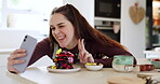 Kitchen dessert, peace sign and happy woman selfie, social media influencer and cooking presentation of home baking. V emoji icon, tongue out gesture and chef with sweets, food and post memory photo