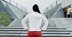 Fitness, challenge and back of woman with stairs for running, determination or mindset in city. Steps, exercise and rear view of lady runner outdoor for resilience training,  wellness or performance