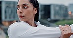 Woman, fitness and stretching arms in city getting ready for workout, exercise or outdoor training. Active female person, athlete or runner in body warm up, preparation or start for healthy wellness