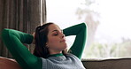 Relax, sleeping and a woman with a phone on the sofa for comfort, stress relief or calm. House, rest and a young person or girl on the living room couch with a mobile and enjoying the weekend