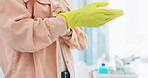 Hands, gloves and cleaner person, start housekeeping with maintenance, labor and safety from bacteria. Productivity, health and hospitality with cleaning service, germs and janitor with disinfection