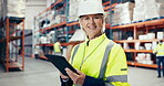 Industrial woman, face and tablet for logistics, e commerce and stock inventory, storage or supply chain management. Happy supervisor or manager on digital technology for warehouse boxes and package