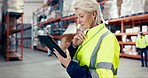 Woman, tablet and thinking of warehouse, logistics or stock inventory, storage and e commerce supply chain. Industrial boss or manager solution for distribution or planning on digital tech in factory