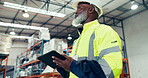 Industry man, tablet and warehouse inspection, logistics or stock inventory, e commerce and supply chain management. Supervisor or manager scroll on digital technology for boxes, package and shipping