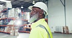 Black man, senior and inventory check at warehouse, distribution supplier and ecommerce with storage. Review, supply chain and stock, cargo and freight with logistics, thinking and product in factory