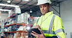 Industrial man, tablet and logistics, e commerce or stock inventory management, package data and supply chain. Worker typing and scroll on digital tech for warehouse boxes, distribution and shipping