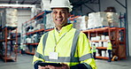 Man, industrial warehouse and tablet for logistics, inventory management and stock or package delivery services. Face of young worker with digital technology, courier or boxes distribution in factory