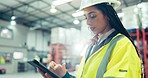 Engineering, tablet and woman in a factory for inventory, stock check or parcel distribution. Industry, digital technology and female industrial worker doing online research at a logistics warehouse.