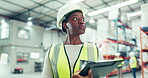 Industrial woman, checklist and inspection for logistics, inventory management and stock or quality assurance. African manager writing on clipboard or documents for warehouse safety and distribution 