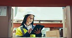 Industry, tablet and woman in a warehouse for inventory, stock take or distribution. Engineering, digital technology and young female industrial worker doing online research at a logistics factory.