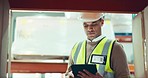 Engineering, tablet and man in a warehouse for inventory, stock check or parcel distribution. Industry, digital technology and young male industrial worker doing online research at logistics factory.