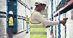 Barcode, scanner and worker in warehouse with logistics on tablet for supply chain, shipping and track storage of stock. Factory, employee and check on tech for cargo, distribution and inventory