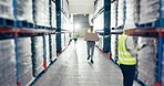 People, warehouse and time lapse in logistics, inventory inspection or checking stock in supply chain. Group of employees in busy, export or import business in storage control or product distribution