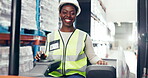 Warehouse, workplace and woman smile on forklift for logistics, cargo and goods distribution in factory. Supply chain, happy and person with packaging for shipping, production and storage with ppe