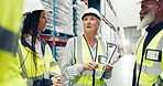 Warehouse team, happy woman and logistics inspection, inventory management or quality assurance checklist. Industrial group of people or supply chain manager in distribution meeting of stock workflow