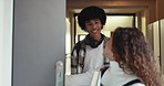 Girl, boy and talking by school locker, laughing and chat with book for education, learning or study in hallway. Teen students, friends and conversation with smile in corridor, academy and notebook