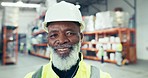 Industry, smile and face of black man in a warehouse for inventory, stock check or distribution. Engineering, happy and portrait of mature African male industrial worker in logistics factory or site.