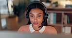 Business, call center and woman with telemarketing, communication and connection with tech support. Person, sales agent and employee with headphones, conversation and customer service with help desk