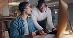 Coaching, night or manager in call center training for telemarketing late in customer services. Online help, computer advice or black man leader teaching or talking to agent for learning or education