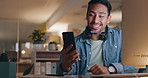 Business man, video call and phone in night communication, happy marketing and virtual feedback. Young asian worker, graphic designer or employee in online meeting, project chat and office technology
