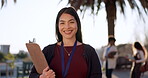 Education, professor and clipboard with smile on university ground for learning, knowledge and happiness outside. College, working and portrait of woman on campus at school for lecture and teaching 
