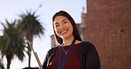 Education, teacher and clipboard with smile on school ground for learning, knowledge and happiness outside. College, working and portrait of woman on campus at university for lecture and teaching 

