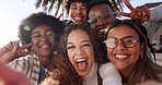 Friends, selfie and face of people with peace sign on holiday, vacation and weekend in summer. Happy group, smile and portrait of men and women take picture for social media, memories and bonding