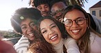 Friends, happy selfie and face of people on holiday, vacation and adventure weekend in summer. Laugh, smile and portrait of excited men and women take picture for social media, memories and bonding