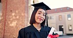 Graduate, face and woman smile with diploma, certificate and school achievement paper outdoor. Happy, scroll and award with class pride at university, academy or college event with success of student