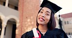 Graduate, face and  woman laughing with diploma, certificate and school achievement paper outdoor. Happy, smile and award with class pride at university, academy or college event with student success