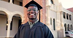 Happy black man, student and graduation, scholarship or career ambition in success at campus. Portrait of African male person or graduate smile in higher education or milestone achievement at college