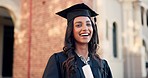 Graduate, laughing face and woman with diploma, certificate and school achievement paper outdoor. Happy, scroll and award with class pride at university, academy or college with success of student