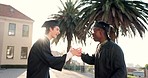 Happy people, student and handshake in graduation or celebration for diploma, degree or certificate at campus. Excited man, friends or graduate shaking hands in support, achievement or award together