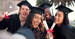 Happy group, selfie and graduation with certificate in photography, memory or achievement together at campus. People or students smile for picture, photograph or celebration diploma, degree or award
