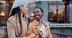 Women, travel and outdoor with umbrella and friends, insurance and rain with smile and conversation in city. Commute, journey to work and wet winter weather, urban street with security and talking