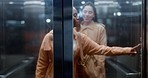 Elevator door, business women and conversation in a office building at company going down. Female staff, happy and speaking of professional worker with a smile at hotel with workforce and job travel