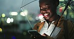 Black woman, night and smartphone, umbrella and city, travel and insurance with ride share app and outdoor. Commute, journey and using phone to call taxi, security in winter weather and smile in rain